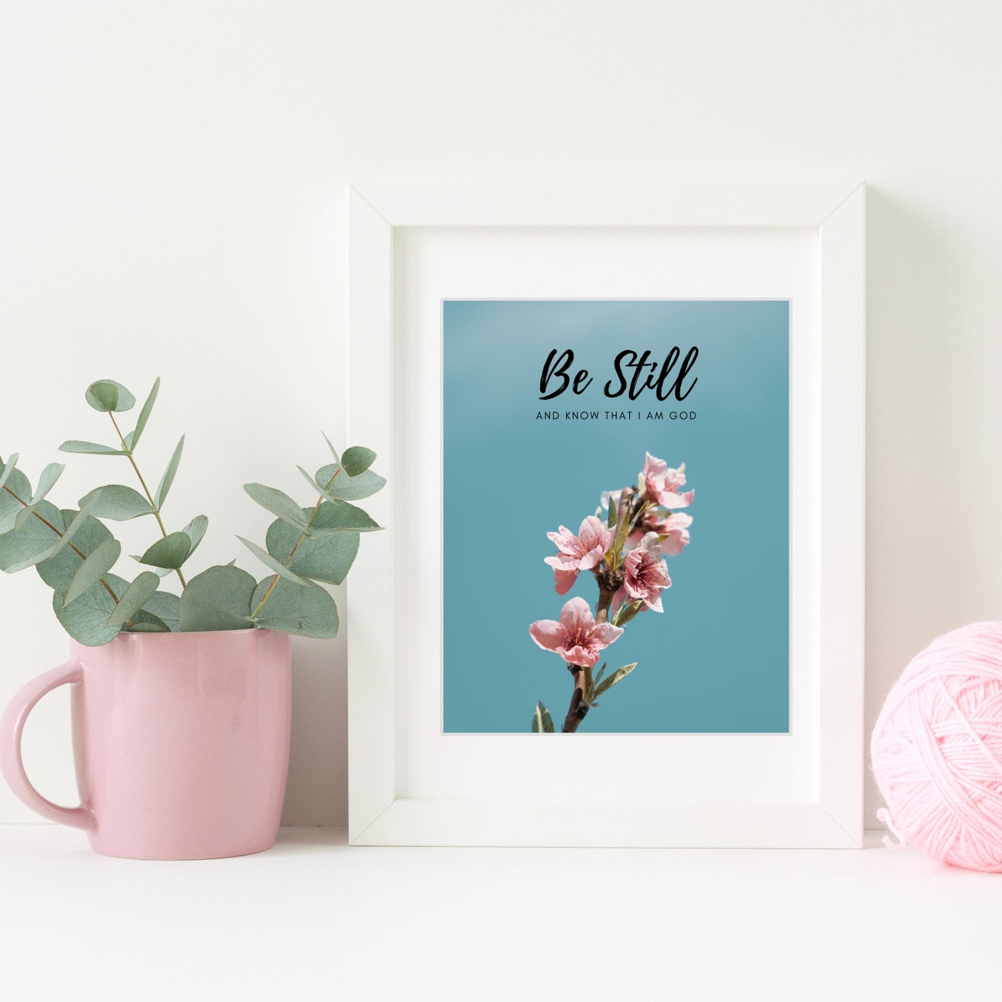 Inspirational Word Art - Be Still and know that I am God - Flower Design Wall Decor (8X10 print) choose from 2 text colors | shown with black text in a white frame | oak7west.com