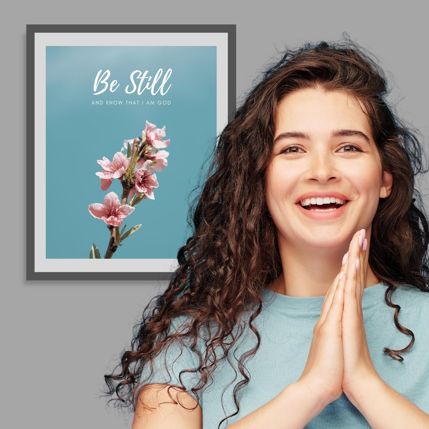 Inspirational Word Art - Be Still and know that I am God - Flower Design Wall Decor (8X10 print) choose from 2 text colors | shown with white text in grey frame on grey interior wall | oak7west.com