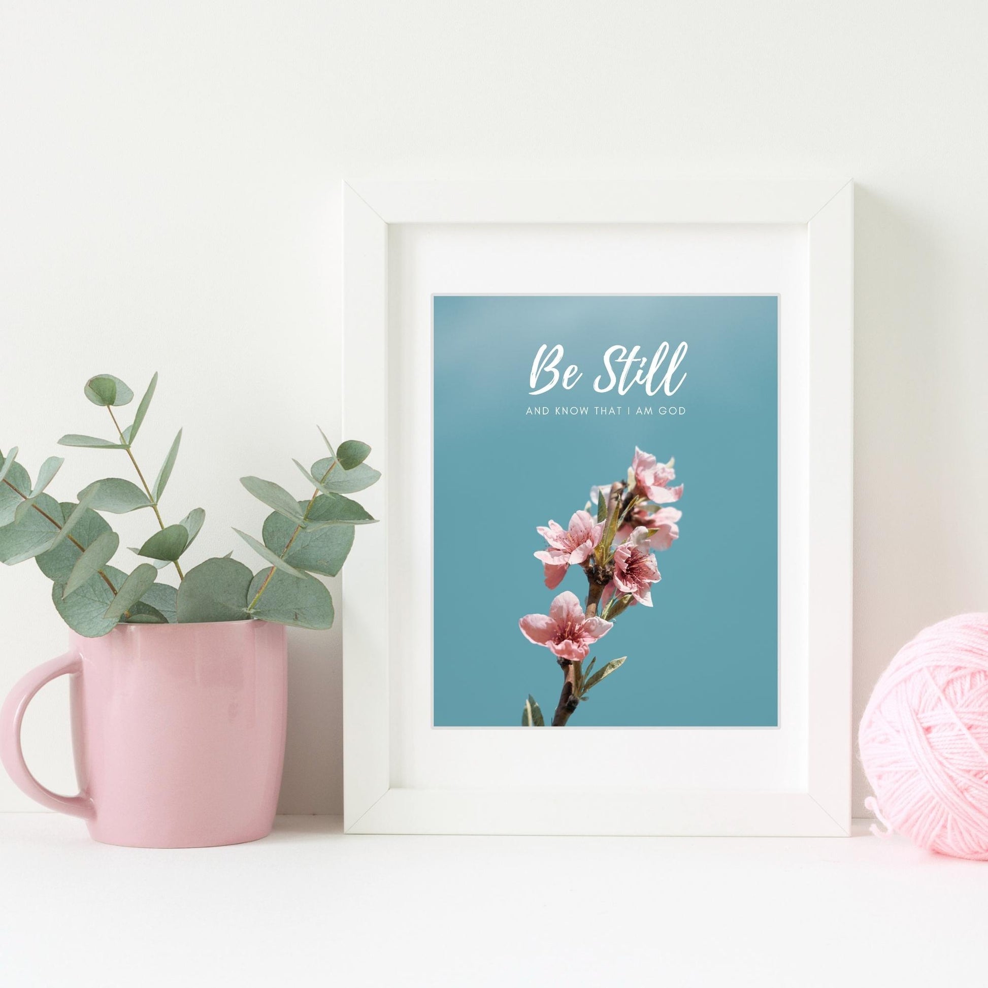 Inspirational Word Art - Be Still and know that I am God - Flower Design Wall Decor (8X10 print) choose from 2 text colors | shown with white text in white frame | oak7west.com