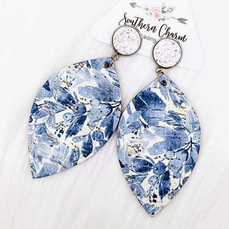 White & Blue Floral Dangle Leaf Earrings