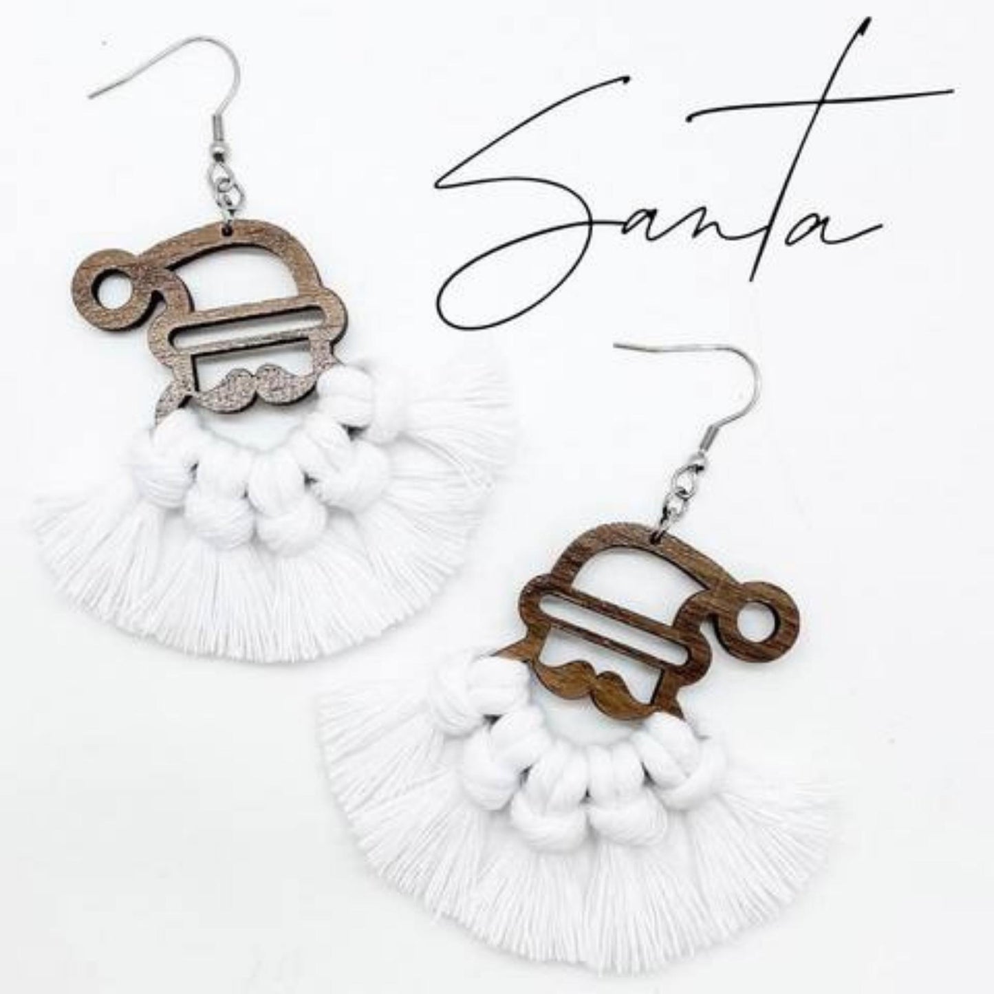 Christmas Santa Claus Earrings - Wood and Macrame Dangle Earrings | oak7west.com