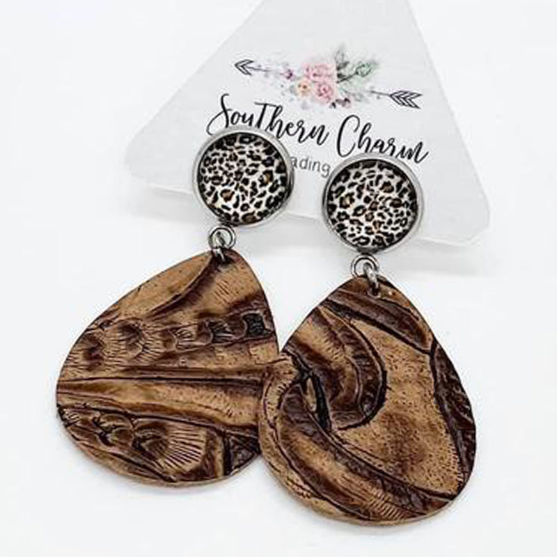 Embossed Tan Leather Cowgirl Boot Style with Leopard Print Dangle Earrings | oak7west.com
