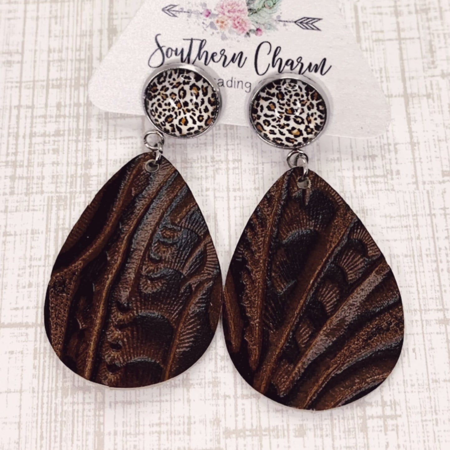 Embossed Tan Leather Cowgirl Boot Style with Leopard Print Dangle Earrings | oak7west.com