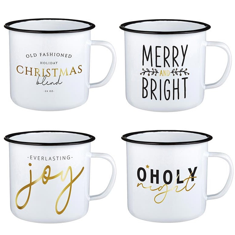 Enamel Campfire Style Christmas Mugs - Set of 4 | Old Fashioned Holiday Christmas blend | Merry and Bright | Everlasting Joy | O'Holy Night | oak7west.com