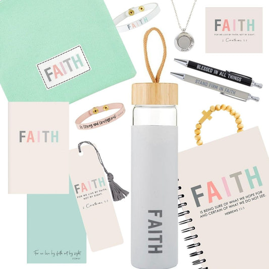 FAITH Inspirational Bundle | Includes... Faith Grid Dot Journal, Faith Glass Water Bottle with Bamboo Lid & Silicone Sleeve, Faith Bookmark, Faith Magnet, Pen Set of 2 - BLESSED IN ALL THINGS | STAND FIRM IN FAITH, Notepad Set of 2, Snap Bracelets - FAITH | Be Strong and Courageous,  Wood Bead Cross Bracelet, Reflections of Faith Necklace - Shine Your Light, Faith Canvas Pouch with Tassel Zipper | oak7west.com