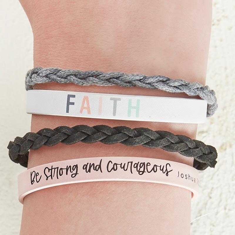 FAITH Bracelet - Adjustable Snap Bracelet shown with Be Strong and Courageous Snap Bracelet | Inspirational Christian Bracelets | Adjustable Stackable Snap Bracelets | oak7west.com