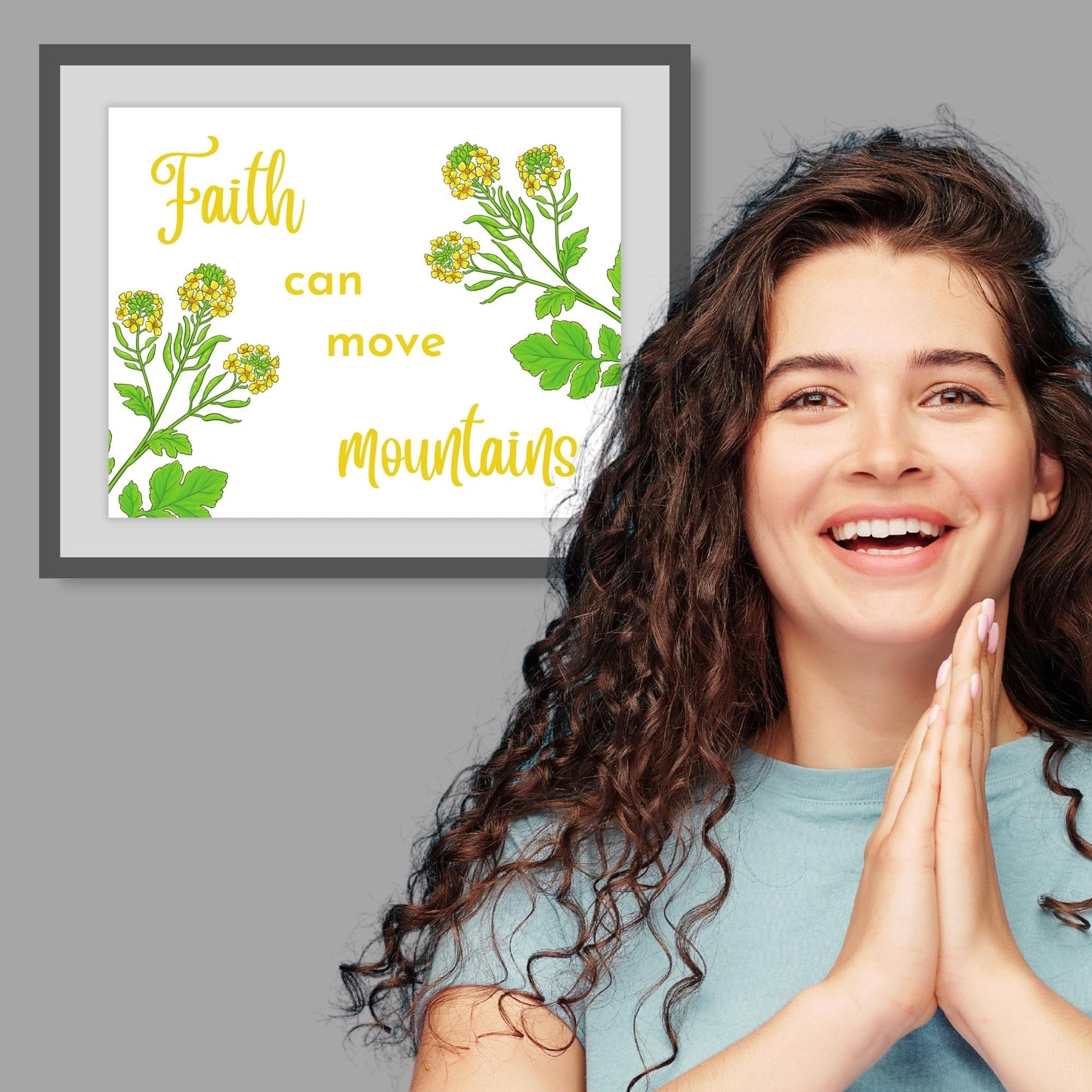 Inspirational Word Art - Faith can move mountains - Mustard Seed Floral Design Wall Decor (8x10 print) | shown in wood frame with neutral mat board next to faithful girl | oak7west.com