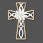 Wood Framed Icthus (Ichthys) Cross - Fir and Metal Wall Cross with Metal Flower (14"H) shown on dark wall | oak7west.com