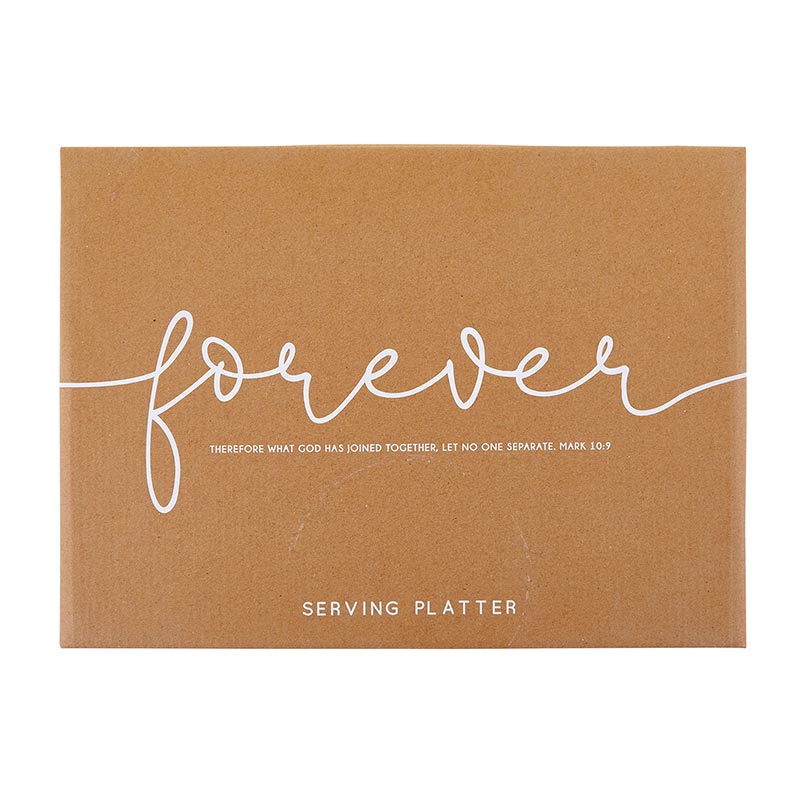 Forever - White Ceramic Serving Platter - Special Occasion Wedding Platter | Ceramic plate with gilded details reads... forever - THEREFORE WHAT GOD HAS JOINED TOGETHER, LET NO ONE SEPARATE. MARK 10:9 | outer gift storage box shown | oak7west.com