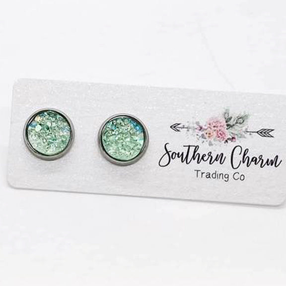 Mint Green Jewel in Stainless Steel Button Stud Earrings