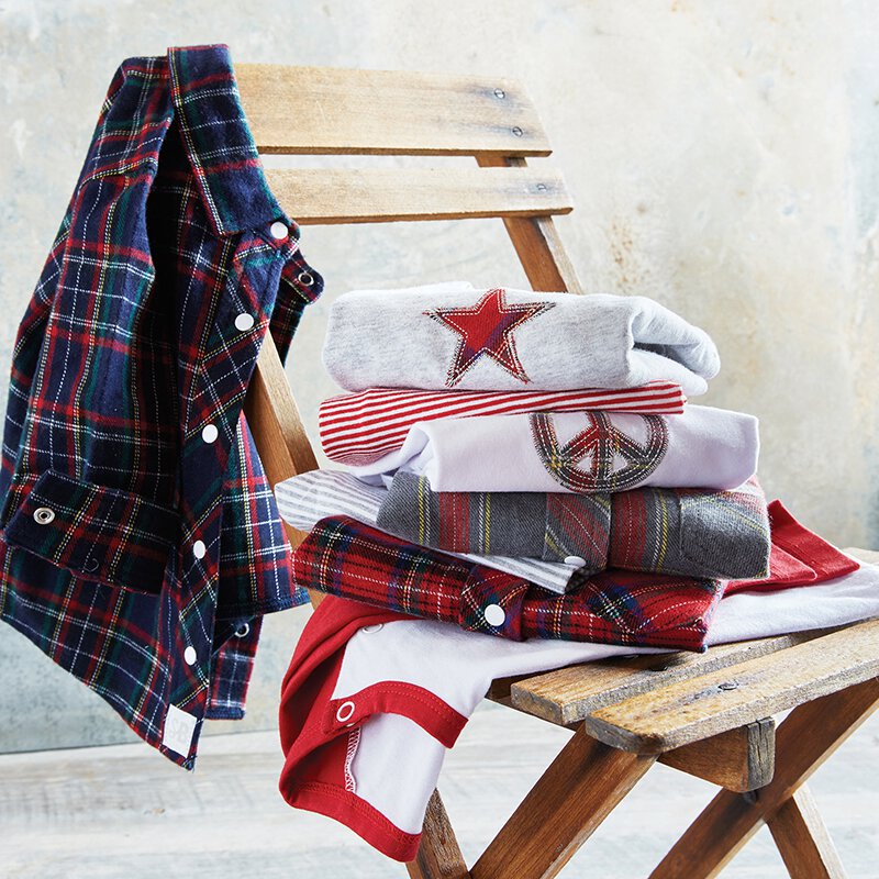 White Snap-Shirt with Plaid Peace Sign (6-12 months) | White Snap-Shirt with Plaid Star (6-12 months) |  Red and White Striped Pants | Baseball Tee | mix and match | oak7west.com