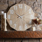 Natural Finished Wood Wall Clock - Subtle Rustic Style Large Clock - Timeless Wall Decor (31") | Oversized Wall Clock shown on stone fireplace mantle | oak7west.com