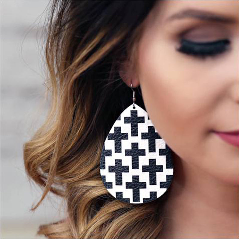 Leather Cross Black and White Large Dangle Earrings