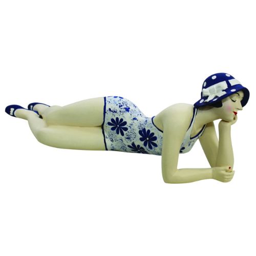 BATHING BEAUTY FIGURINE... White & Nautical Blue Floral Swimsuit - Collectible Beach Girl Laying Down - Medium Size | oak7west