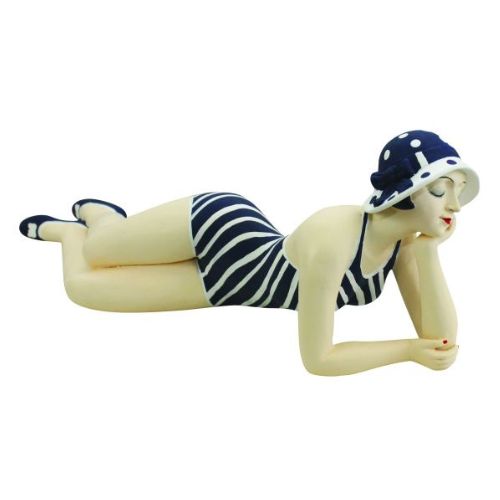 BATHING BEAUTY FIGURINE... Navy Blue and White Striped Bathing Suit - Collectible Beach Girl Laying Down - MEDIUM SIZE | Americana patriotic decor | oak7west