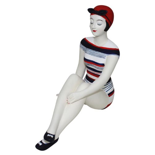 BATHING BEAUTY FIGURINE... Red, White, & Blue Stripes Collectible Bather with Knees Up - MEDIUM SIZE | Americana patriotic coastal decor | collectible figurine | oak7west
