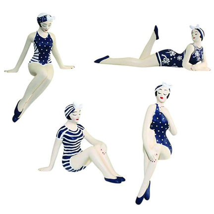 Mini BATHING BEAUTY FIGURINES in Navy and White Bathing Suits - Set of 4 Collectible Statues | oak7west