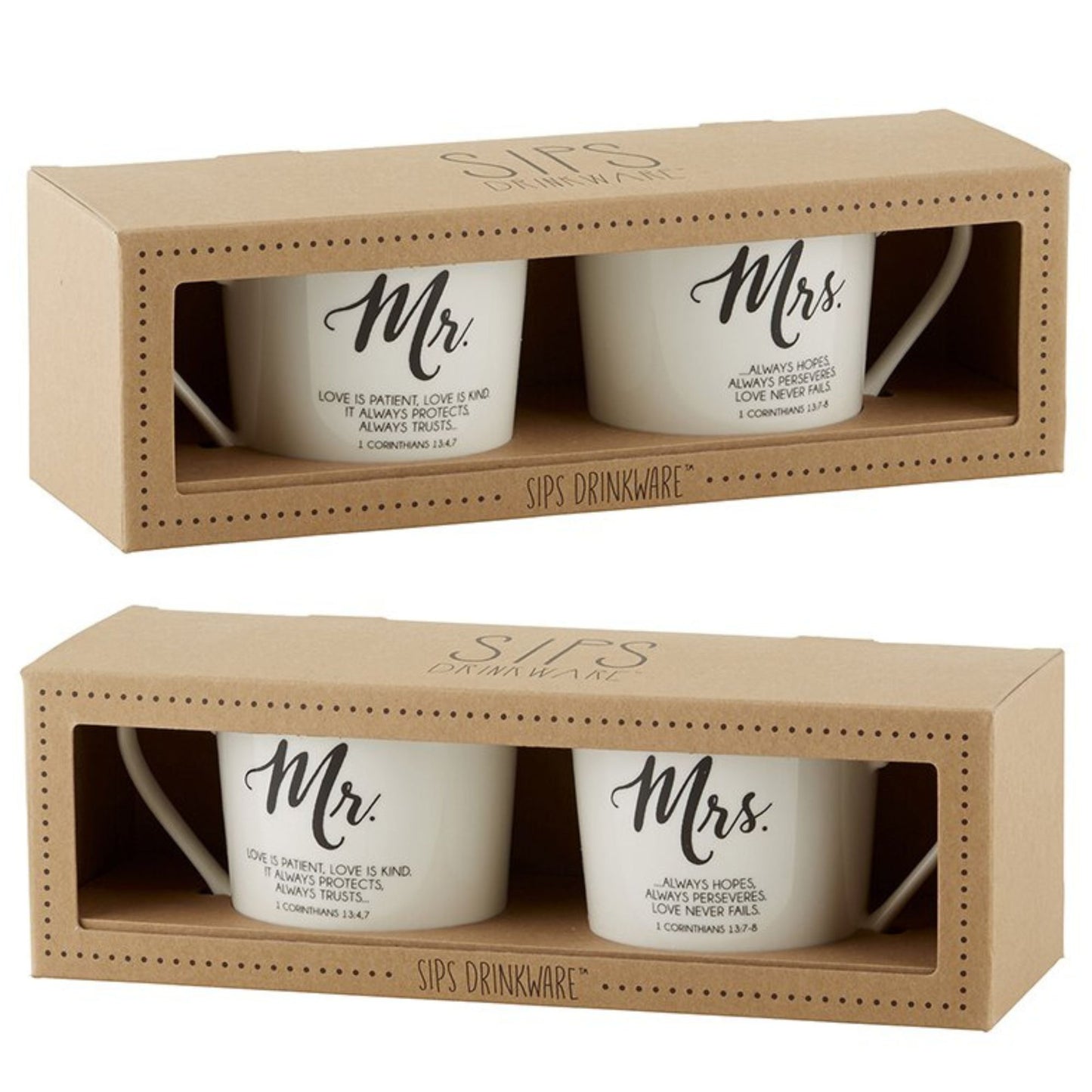 Mr & Mrs Cafe Coffee Mug Set - Love is Patient... Love Never Fails - 1 Corinthians - Inspirational Mugs | Wedding gift, Anniversary gift, Couples gift | shown in gift box | oak7west.com