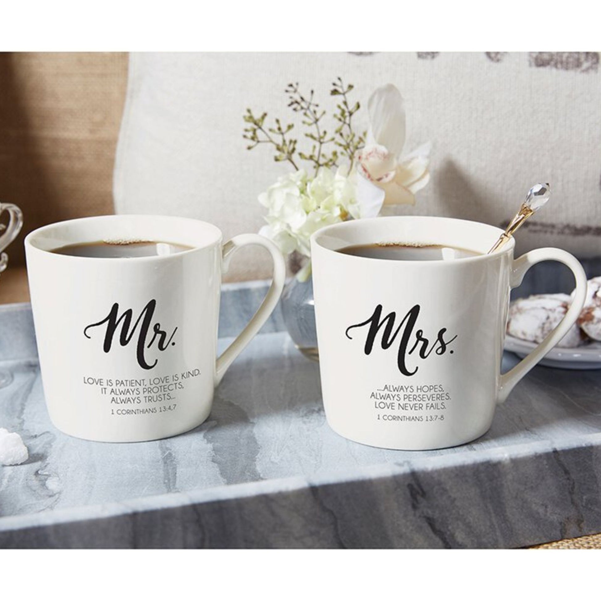 Mr & Mrs Cafe Coffee Mug Set - Love is Patient... Love Never Fails - 1 Corinthians - Inspirational Mugs | Wedding gift, Anniversary gift, Couples gift | shown with coffee |  oak7west.com