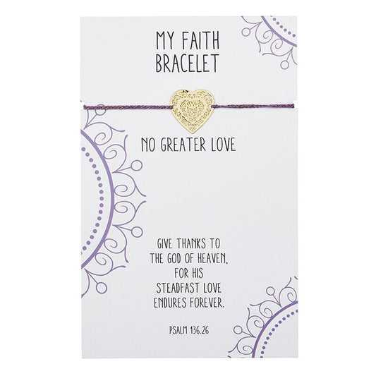My Faith Purple Thread Bracelet with Heart Charm - No Greater Love - Psalm 136.26 - Give thanks to the God of Heaven. For His steadfast love endures forever. | oak7west.com