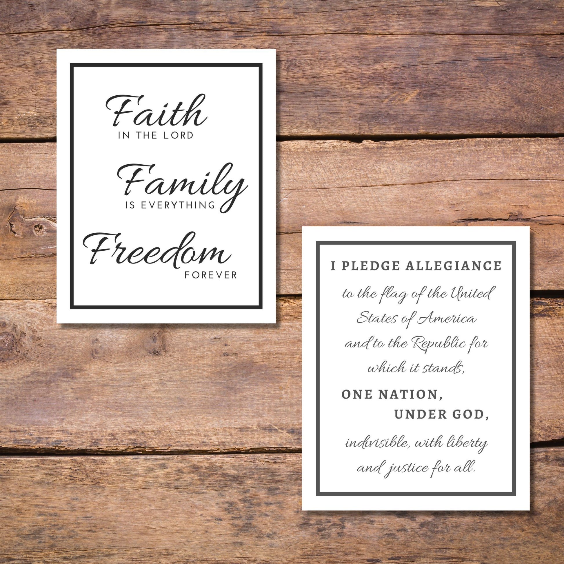 FREE printable downloads | Inspirational Word Art Faith Family Freedom reads... Faith IN THE LORD Family IS EVERYTHING Freedom FOREVER | Shown with Patriotic Word Art - Pledge of Allegiance that reads… I PLEDGE ALLEGIANCE to the flag of the United States of America and to the Republic for which it stands, ONE NATION, UNDER GOD, indivisible, with liberty and justice for all. | Both shown in Black and White with Black Border | oak7west.com