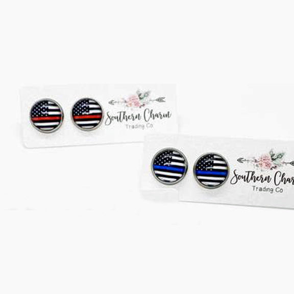Blue Line Flag or Red Line Flag Button Stud Earrings (1 pair)