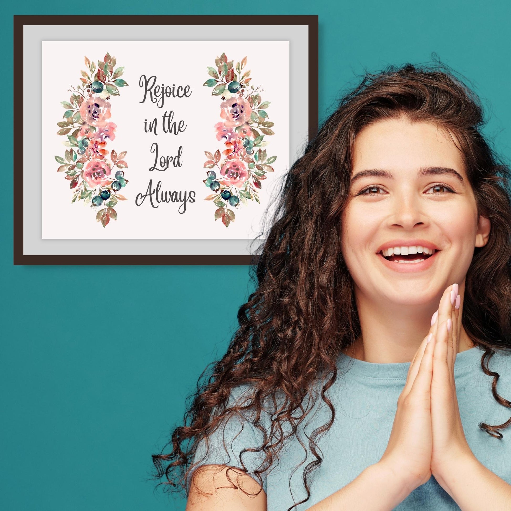 Inspirational Word Art - Rejoice in the Lord Always - Vintage Style Wall Decor (8x10 print) | Vintage Style Floral Wall Art shown in wood frame with neutral mat board next to joyful girl against teal wall color | oak7west.com