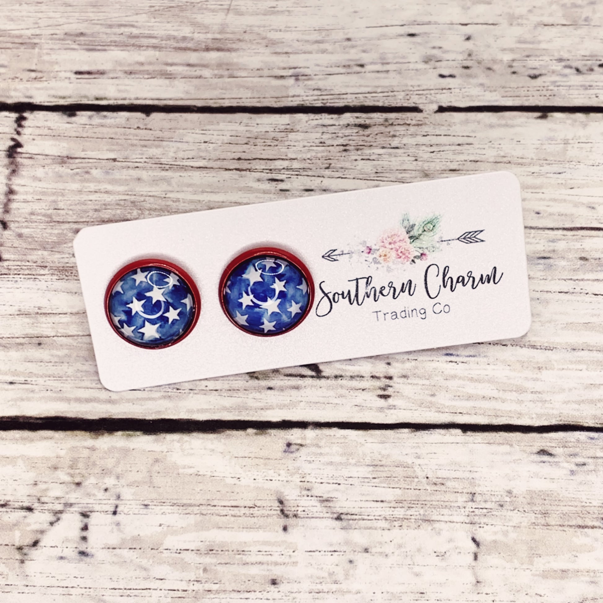 Red, White, and Blue Button Stud Earrings with Stars | oak7west.com