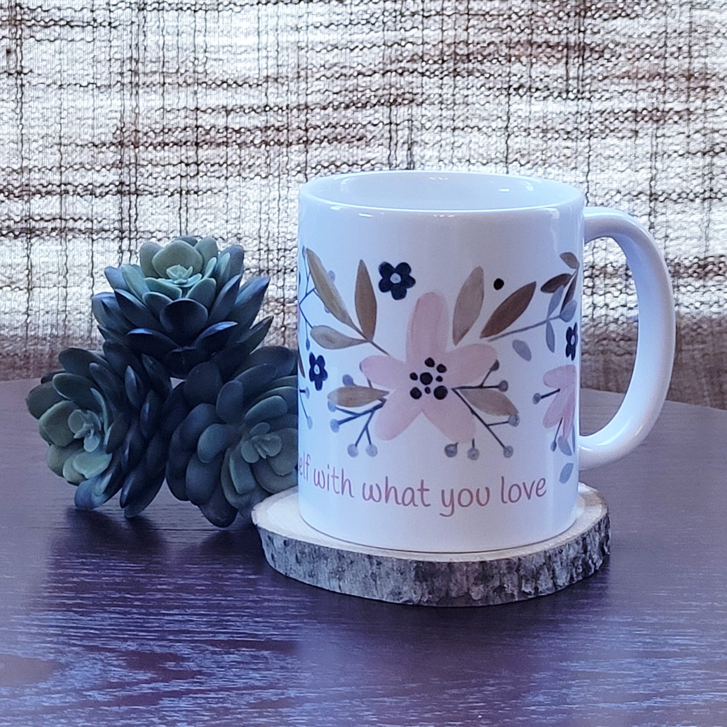 Surround yourself with what you love coffee mug (exclusive design) | lovely crisp white with a floral print in pinks, tans, and navy blue, finished off with the words "Surround yourself with what you love" in a fun pink font | 11 ounce coffee cup | oak7west.com