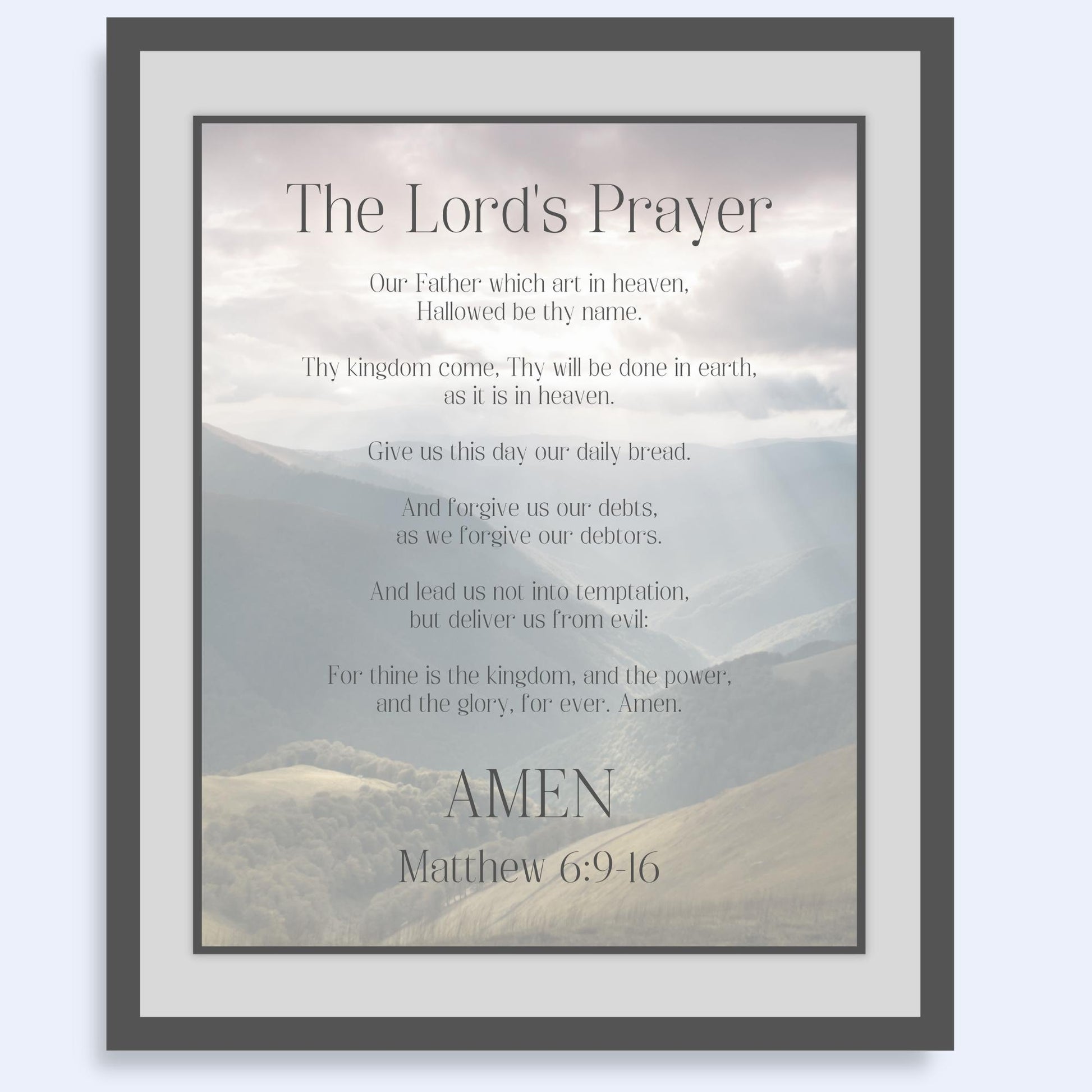 Inspirational Bible Verse Wall Art - The Lord's Prayer, Our Father (Matthew 6:9-16) Christian Wall Poster (16x20) | Shown in dark brown picture frame | oak7west.com