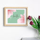 Inspirational Word Art - breathe - Pink and Green Tropical Floral Design Wall Decor (10x8 print) | shown in a natural wood frame against a light grey wall next to vase of burgandy tulip | oak7west.com
