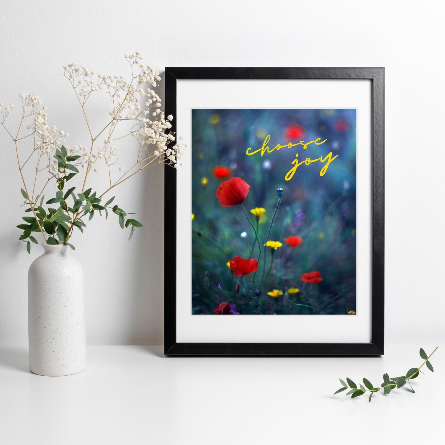 Inspirational Word Art - choose joy - Vibrant Red and Cheerful Yellow Floral Wall Decor (8x10 print) | Vibrant red flowers and dainty yellow flowers with blues and greens | shown in black frame against white wall | oak7west.com