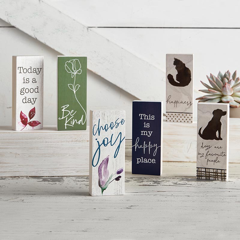 Happiness - Inspirational Wood Message Block with Cat Silhouette (pictured with other wood blocks... "Today is a good day", "Be Kind", "Choose Joy", and "dogs are my favorite people")... an easy way to add inspiration to your home and they make wonderful gifts too! | oak7west.com