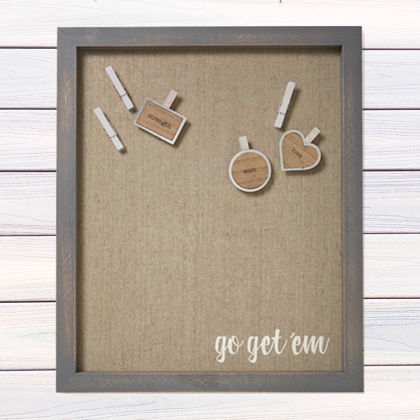 Go Get 'Em Home Office Magnetic Board - Fabric Framed Functional Wall Art (15x18) shown on whitewashed shiplap wall | oak7west.com