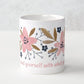 Surround yourself with what you love coffee mug (exclusive design) | lovely crisp white with a floral print in pinks, tans, and navy blue, finished off with the words "Surround yourself with what you love" in a fun pink font | 11 ounce coffee cup | oak7west.com